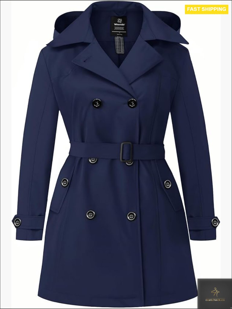 Double-Breasted Waterproof Trench Coat With Detachable Hood Classic Elegant